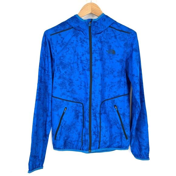 THE NORTH FACE Ampere Windbreaker‎ Trainer Jacket Mens Size S Blue Camo Hooded - Picture 1 of 12